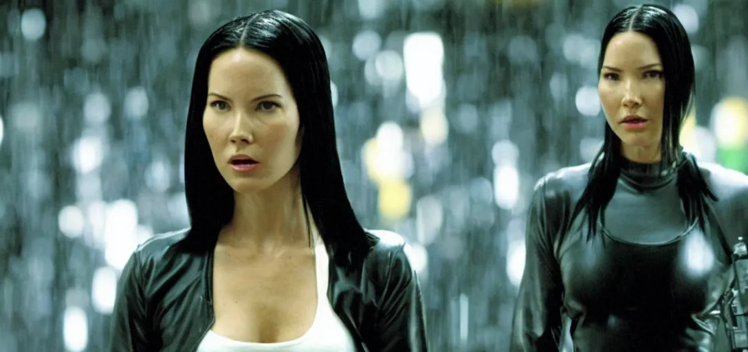 Image similar to still of olivia munn as neo in the matrix