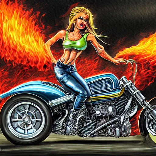 Prompt: a biker chick riding a hotrod muscle car down a street made of fire, digital painting masterpiece, by ed roth and denys cowan and rockin jellybean