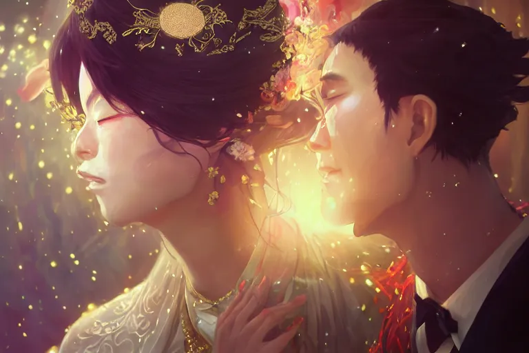 Image similar to a dreamlike portrait of wedding photograph close up moment of a divine a taiwan sun god and moon goddess lovers magician at a wedding banquet. portraiture. digital painting. artstation. concept art. fantasy wedding photo. digital painting, 8 k realistic, hyper detailed, by makoto shinkai and akihiko yoshida and hidari and wlop