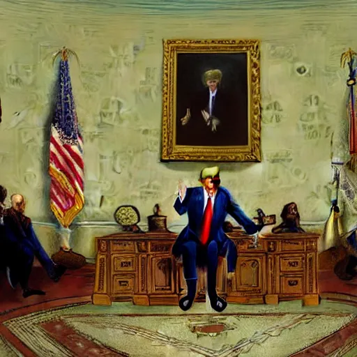 Prompt: donald trump in the oval office, by jean - leon gerome, otto pilny, adrien henri tanoux, giulio rosati, orientalism painting