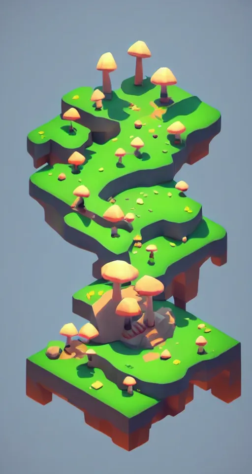 Image similar to a cute little matte low poly isometric mushroom island, lat lighting, soft shadows, trending on artstation, 3d render, monument valley, fez video game,