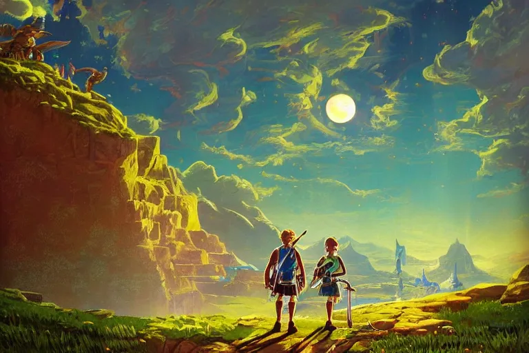 Prompt: zelda botw, art by darrell k. sweet and peter elson and kinuko y. craft, trending on artstation, moon light first - person view iridescent colors, tonalism, very detailed, retrowave, exquisite corpse