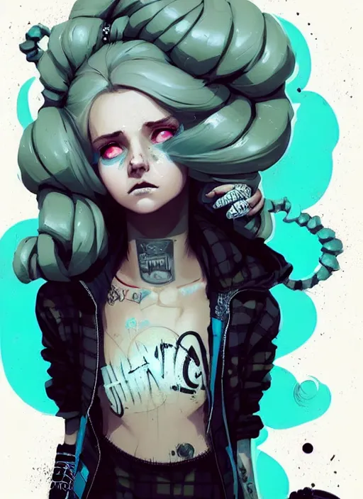 Image similar to highly detailed portrait of a sewer punk lady, tartan hoody, blonde ringlet hair by atey ghailan, by greg rutkowski, by greg tocchini, by james gilleard, by joe fenton, by kaethe butcher, gradient blue, black, blonde cream and white color scheme, grunge aesthetic!!! ( ( graffiti tag wall background ) )
