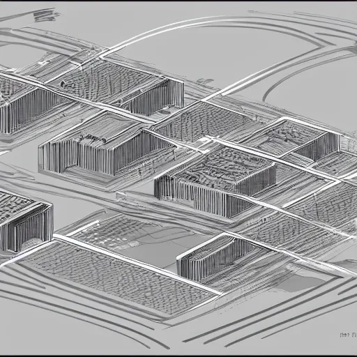 Image similar to high tech building cluster concept drawings with exposed sections by paul rudolph, grid, trending on artstation, rectilinear, isometric, isometric view, digital art, matte painting by moebius and alphonse mucha _ w 1 0 2 4