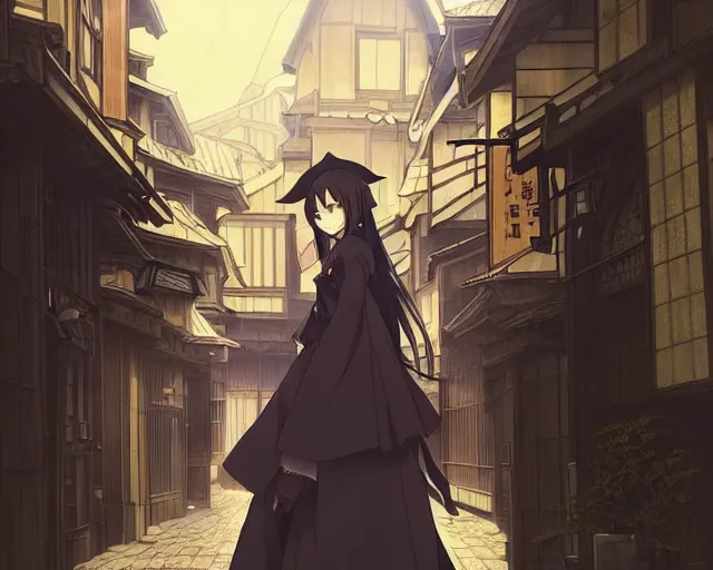 Image similar to kyoto animation, moody, key anime visual portrait of a young female witch walking through a busy medieval village, dynamic pose, dynamic perspective, cinematic, dramatic lighting, muted colors, detailed silhouette, textured, anime proportions, alphonse mucha, perfect anime face, ilya kuvshinov, yoh yoshinari, takashi murakami