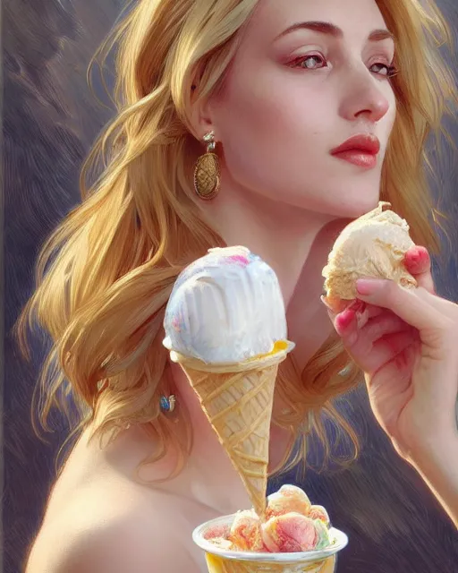 Prompt: Portrait of a  blonde woman and a mallard eating ice creams inp Porto,real life skin, intricate, elegant, highly detailed, artstation, concept art, smooth, sharp focus, art by artgerm and greg rutkowski and alphonse mucha