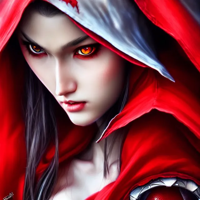 Image similar to beautiful!! red riding hood warrior artgerm highly detailed 8 k hdr smooth sharp focus high resolution award - winning photo photorealistic