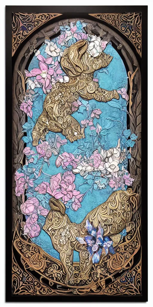 Prompt: Painted dark-wood panel relief carving of a Flowerpunk Piglet, White and pale blue toned, ornate border frame, explosion of colorful flowers, dark wood, intricately carved, black ink, festival of rich colors, intricate details, cinematic lighting, volumetric lighting, post-processing, art nouveau, tarot, fractal art, mandala, by andreas rocha and john howe, and Martin Johnson Heade, featured on artstation, featured on behance, golden ratio, hyper detailed, photorealistic, epic composition, center spotlight, f32, well composed, symmetrical, UE5, 8k