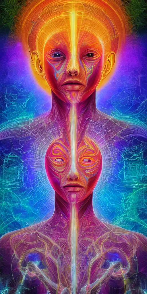 Image similar to ai transcendence into collaborative intelligence, connectedness, body, by alex grey, album cover, award winning, beautiful, colorful, volumetric lighting, trending on artstation, cinematic