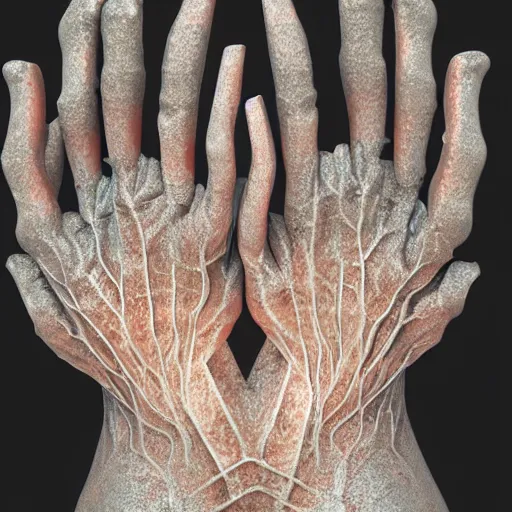 Image similar to a face is covered in rows of fractal human hands, thousands of tiny fractal fingers, octane render, subsurface scattering, intense lighting