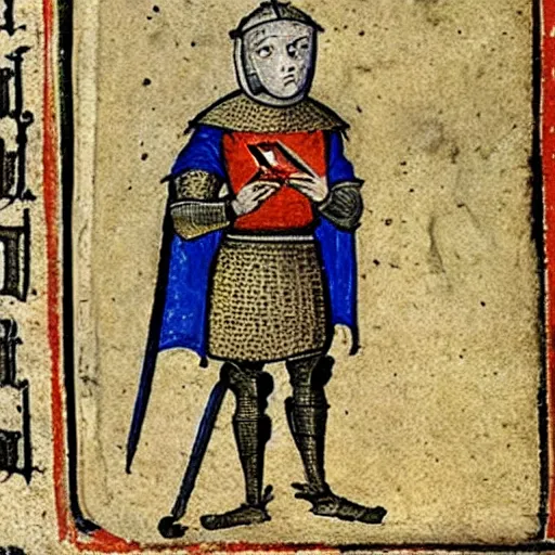 Image similar to a 1 5 th century medieval manuscript illustration of a knight on his phone, high quality scan, university of oxford