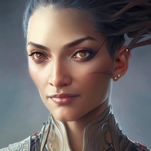 Image similar to beautiful, strong, mixed race, female, aged 4 0, face, head shot, fantasy, highly detailed, digital painting, artstation, concept art, smooth, sharp focus, illustration, art by artgerm and greg rutkowski and alphonse mucha