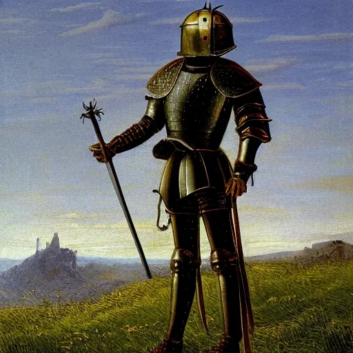 Prompt: a medieval armored knight standing on the top of hills,high grass field, by caspar david friedrich