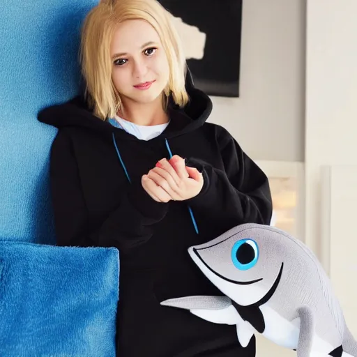 Prompt: a blonde girl in a black hoodie holding a blahaj blue shark plush from ikea, anime style