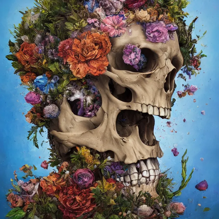 Prompt: A beautiful oil painting hyperrealism of a decayed head, rotting clay skin, skull bones, flowers, floral headdress, 8k resolution, octane render, Trending on artstation, by Gediminas Pranckevicius, volumetric light 2blue fractal Thunder glow by dan mumford, anaglyph effect, Laurie Lipton