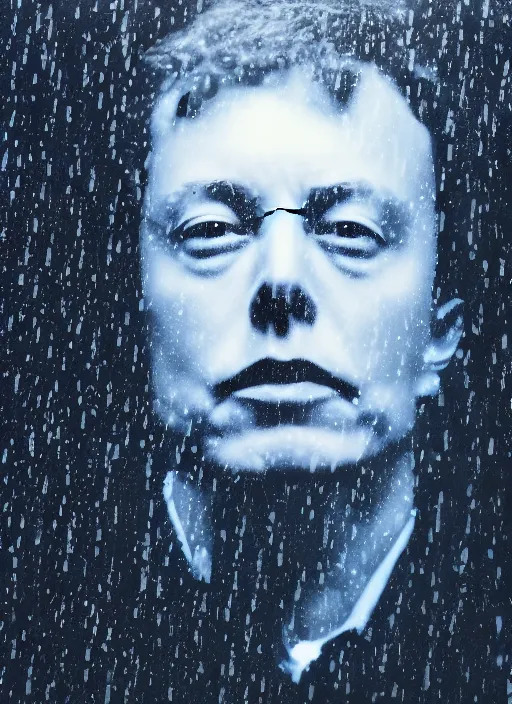 Image similar to dark photo of dark blue rainy bedroom window at night, dimly lit creepy face of elon musk staring in through the window, horror, scary face,