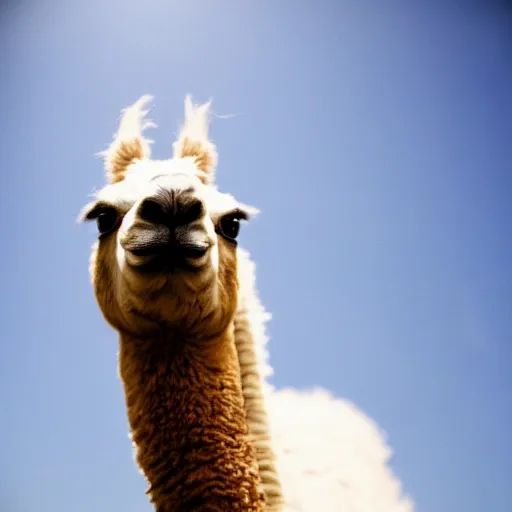 Image similar to film still of a llama in a jersey dunking a basketball like michael jordan, low angle, show from below, tilted frame, 3 5 °, dutch angle, extreme long shot, high detail, indoors, dramatic backlighting.