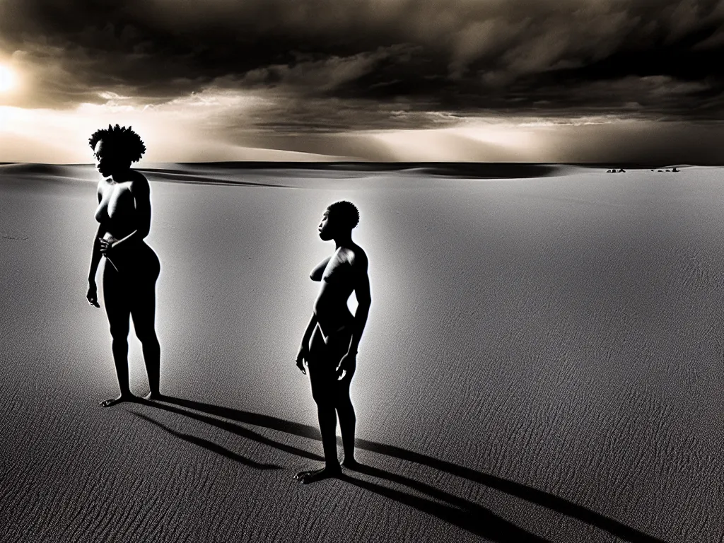 Image similar to a black woman experiencing timelessness on a desert beach, early morning, golden hour, altered state, beautiful, moody, cinematic lighting highly detailed, inspired by detailed graphic novel cover art, photo by sebastiao salgado