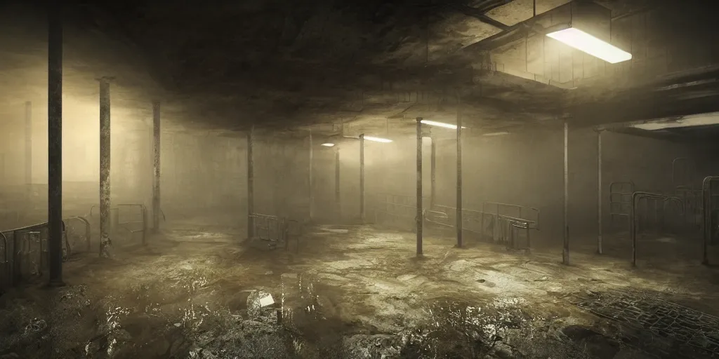 Prompt: inside of an underground factory with grates, ladders, walkways, doors, ominous, dark, bleak, atomspheric lighting, cinematic lighting, matte painting, movie concept art, rendered in octane, in the style of bladerunne 2049, dystopian, sci fi, v-ray, extreme wide shot, extreme long shot,