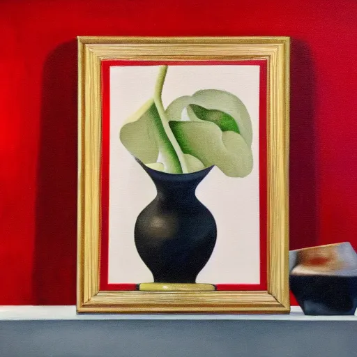 Prompt: a monochromatic nature morte painting in a bright red frame