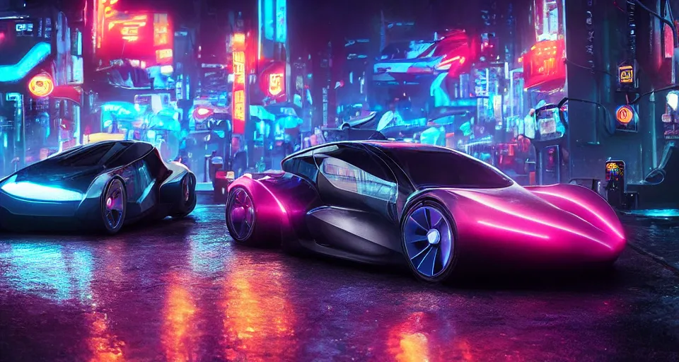 Image similar to product shot of a tron tesla light cycle car on wet city street at night, intricate, hyper detailed, smooth, high contrast, neon, volumetric lighting, octane, moebius, greg rutkowski, blade runner, ripley scott, cindmatic