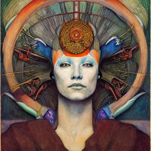 Prompt: the robot queen with her bird mask, by annie swynnerton and diego rivera and elihu vedder and jean delville, symbolist, dramatic lighting, elaborate geometric ornament, head and shoulders view, art brut, soft cool colors, smooth, sharp focus, extremely detailed, adolf wolfli, leo and diane dillon