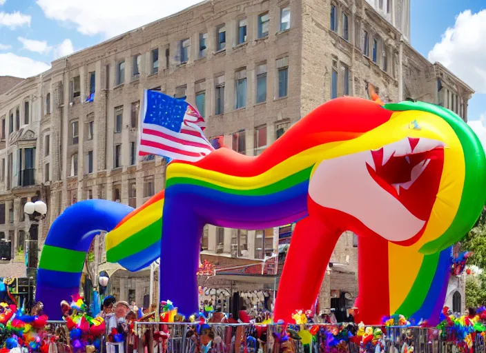 Prompt: pride parade float in the shape of donald trump ; photorealistic, canon 5 d, sharp, sunlight, reflection, inflatable, rainbow