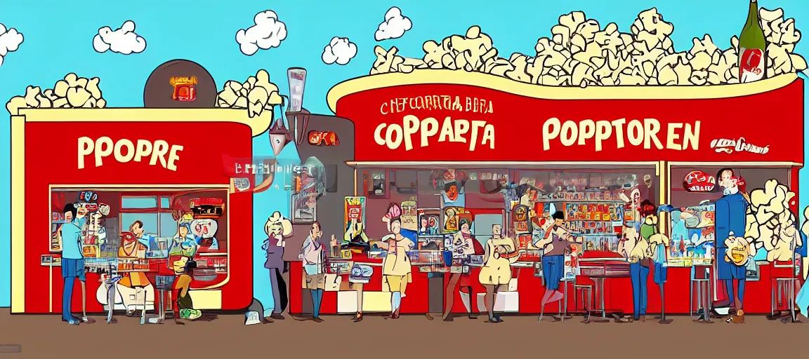 Image similar to popcorn, cola and hotdog promoting cinema's bar, old retro cartoon style