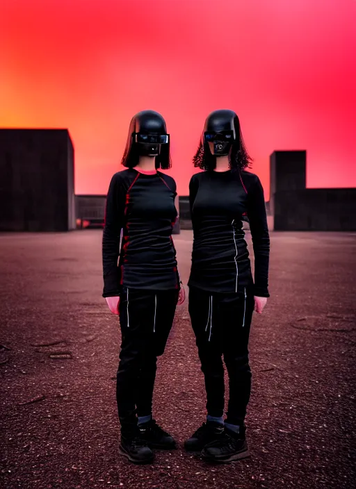 Image similar to cinestill 5 0 d photograph of 2 women wearing black techwear in front of a brutalist sharp - edged metal building, closeup, on a desolate plain with a red sky, dystopia, cyberpunk, 4 k, 8 k, hd, full color