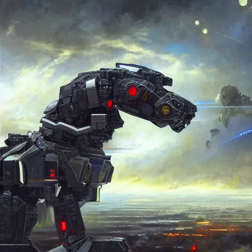 Image similar to epic painting of a realistic four - legged intricate battle robot, rule of thirds, subject in center of frame, detailed science fiction artwork, trending on artstation