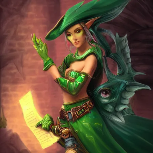 Image similar to female elf bard, Jade, dungeons and dragons, amazing detail, character concept art, illustration, fantasy, epic, 4k