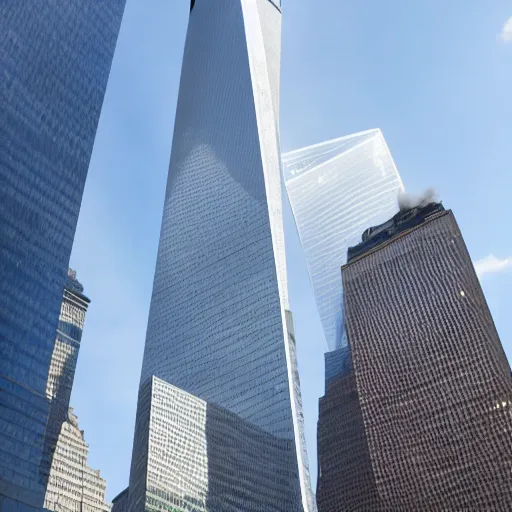 Image similar to Barney the Dinosaur flying a 777 right into one of the world trade center buildings