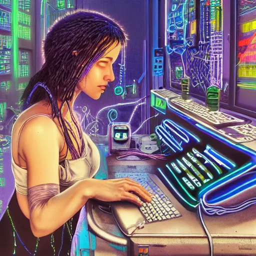 Prompt: cyberpunk goth baby cyborg working on cyberpunk computer in cyberpunk farmers market by william barlowe and pascal blanche and tom bagshaw and elsa beskow and enki bilal and franklin booth, neon rainbow vivid colors smooth, liquid, curves, very fine high detail 3 5 mm lens photo 8 k resolution