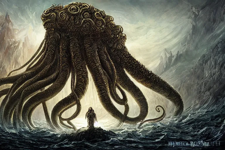 Prompt: highly detailed elden ring portrait photo of a huge cthulu in a scenic dystopian environment, hyperrealistic illustration by william didier - pouget