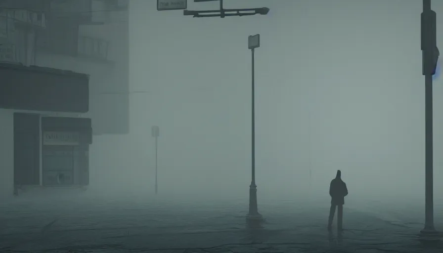 Image similar to a man standing, silent hill streets, fog, empty streets, hyperdetailed, artstation, cgsociety, 8 k