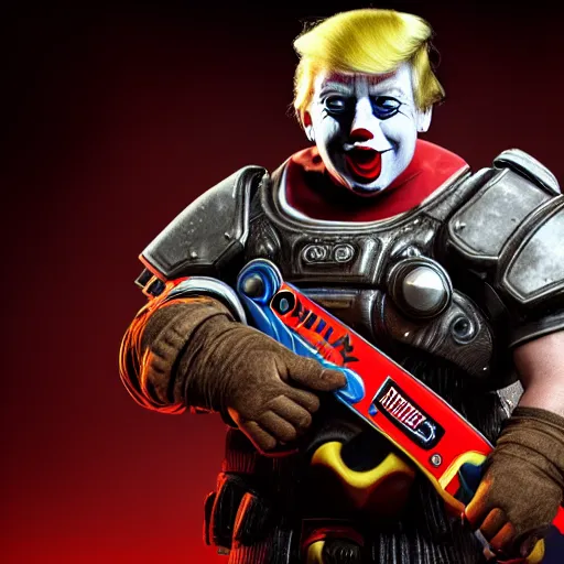 Image similar to portrait of donald trump as a clown, laughing and holding a chainsaw in gears of war, splash art, movie still, cinematic lighting, ray tracing, octane render, long lens, shallow depth of field, bokeh, anamorphic lens flare, 8 k, hyper detailed, 3 5 mm film grain