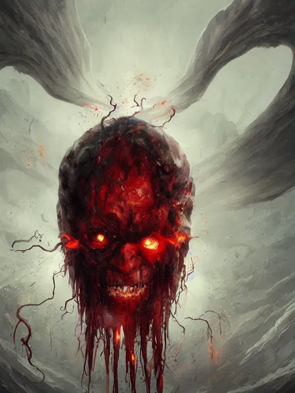 Image similar to painting by greg rutkowski of a flying sorrowful looking human head with tears running down it's eyes, face that is chalk white in color, with long sprawling white tentacles stemming down it's neck, fiery scorching red eyes, flying in a terrying hellish dark cavernous place