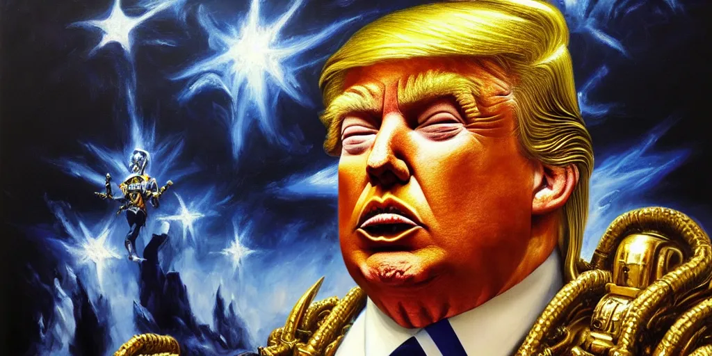 Prompt: donald trump achieves godhood, warhammer 4 0 k, abstract oil painting by gottfried helnwein pablo amaringo raqib shaw zeiss lens sharp focus high contrast chiaroscuro gold complex intricate bejeweled