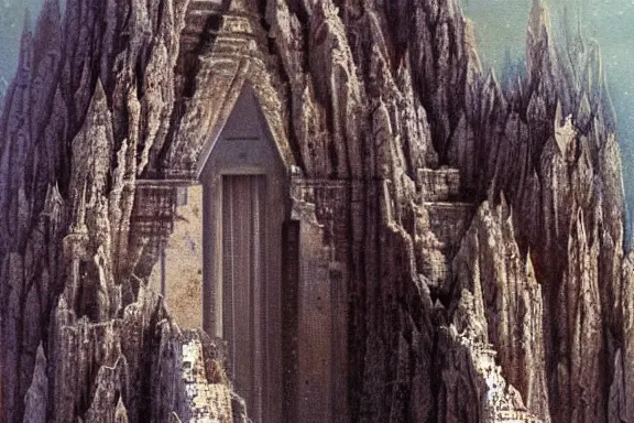 Prompt: the temple of truth is white, whole, holy and beautiful, but is surrounded by a crater of ruin and desolation. it's spire reaches up to the heavens and is topped with a gold statue. | painting by yumihiko amano. intricate detail. stark contrast. landscape painting