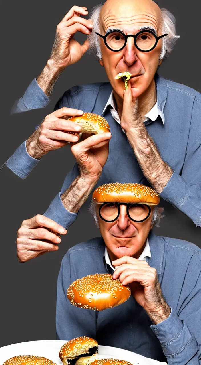 Prompt: larry david eating a bagel in the style of salvador dali hyper realistic, 8 k, hd