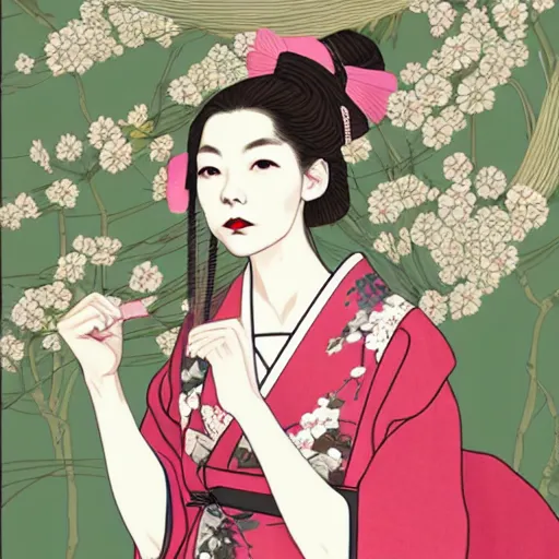 Image similar to beautiful japanese fashion model female in ramen clothes portrait in the style of art nouveau anya taylor - joy