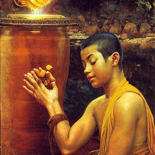 Prompt: old srilankan buddhist monk pouring liquid gold like water into buddhist monk kid head in baroque style, painting by gaston bussiere, craig mullins, j. c. leyendecker, lights, art by ernst haeckel, john william godward, hammershøi,