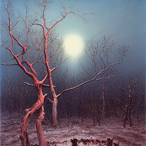 Prompt: Bare trees scrape the sky. The last leaf buried in white. Winter's pallid face. A detailed oil on canvas painting by Gerald Brom and Zdzisław Beksiński