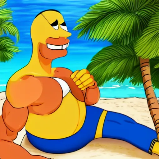 Prompt: a muscular lemon cartoon character, is relaxing on a beach,, inspired by dalle - 2 ai generations