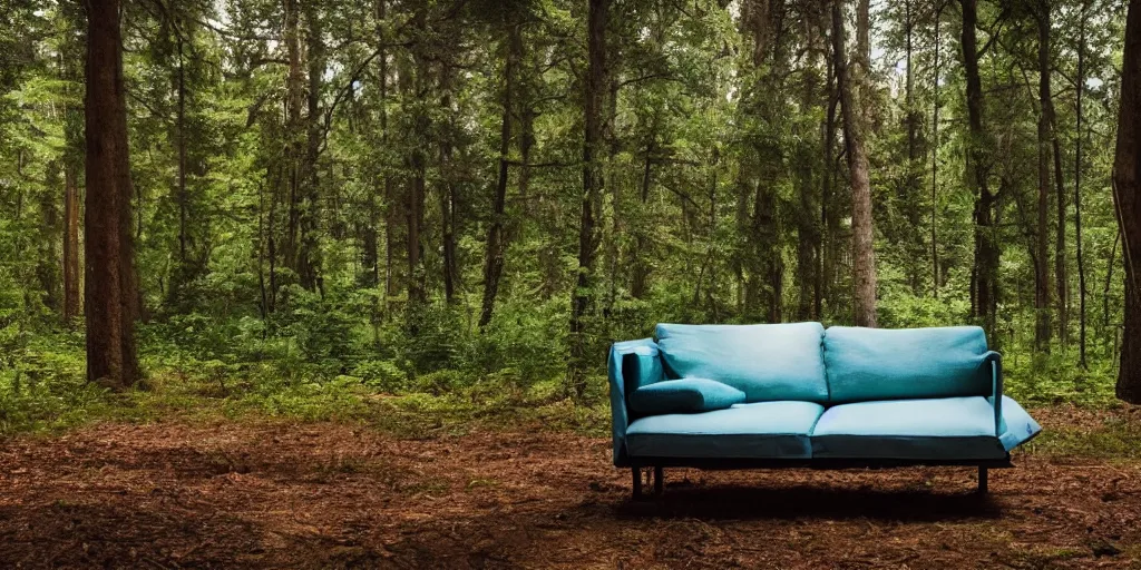 Prompt: a couch in the middle of a forest, beautiful ambient light, 8k photography