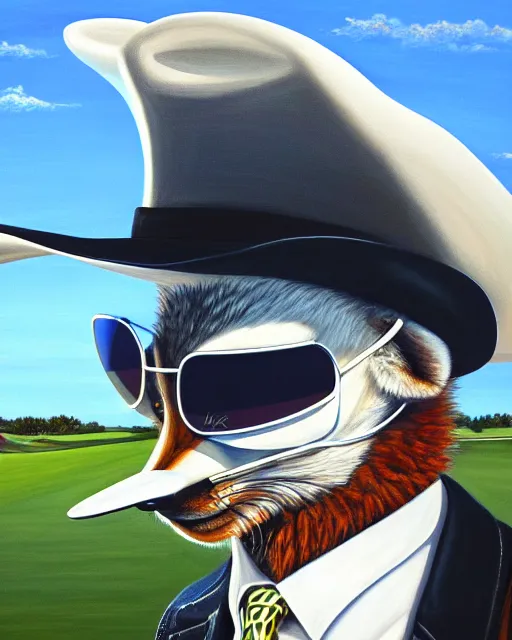 Prompt: close up painting portrait of anthropomorphic fox animal wearing a white suit, white cowboy hat, and reflective sunglasses, fox animal, highly detailed, golf course in background, reflective aviator sunglasses, painting,