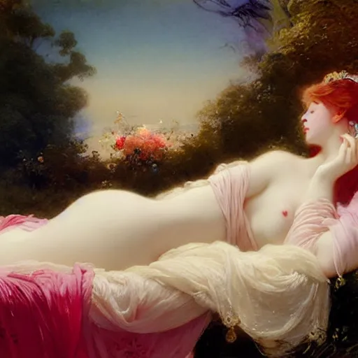 Image similar to blonde beautiful sleeping princess by franz xaver winterhalter and delphin enjolras and rebecca guay