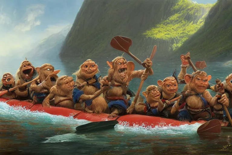 Prompt: a group of goblins paddling on a raft in a norwegian fjord by justin gerard by tyler edlin