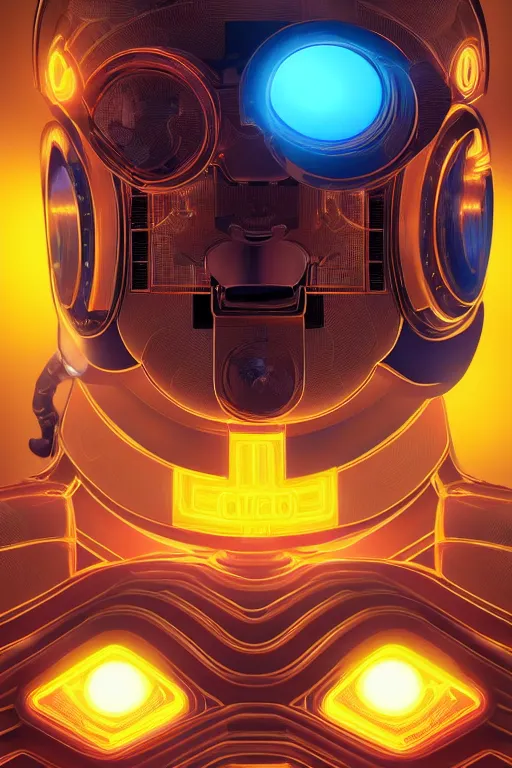 Image similar to ultradetailed retro-futurist illustration of an ornate robot radiating glowing color, digital airbrush painting, 3d rim light, hyperrealistic masterpiece, artstation, cgsociety, golden ratio