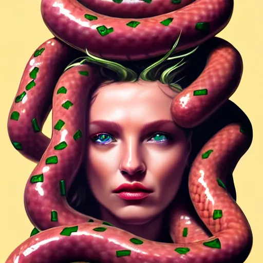 Image similar to medusa with sausages instead of snakes, sausage hair, photorealistic, illustration, intricate details, masterpiece, digital art, trending on artstation